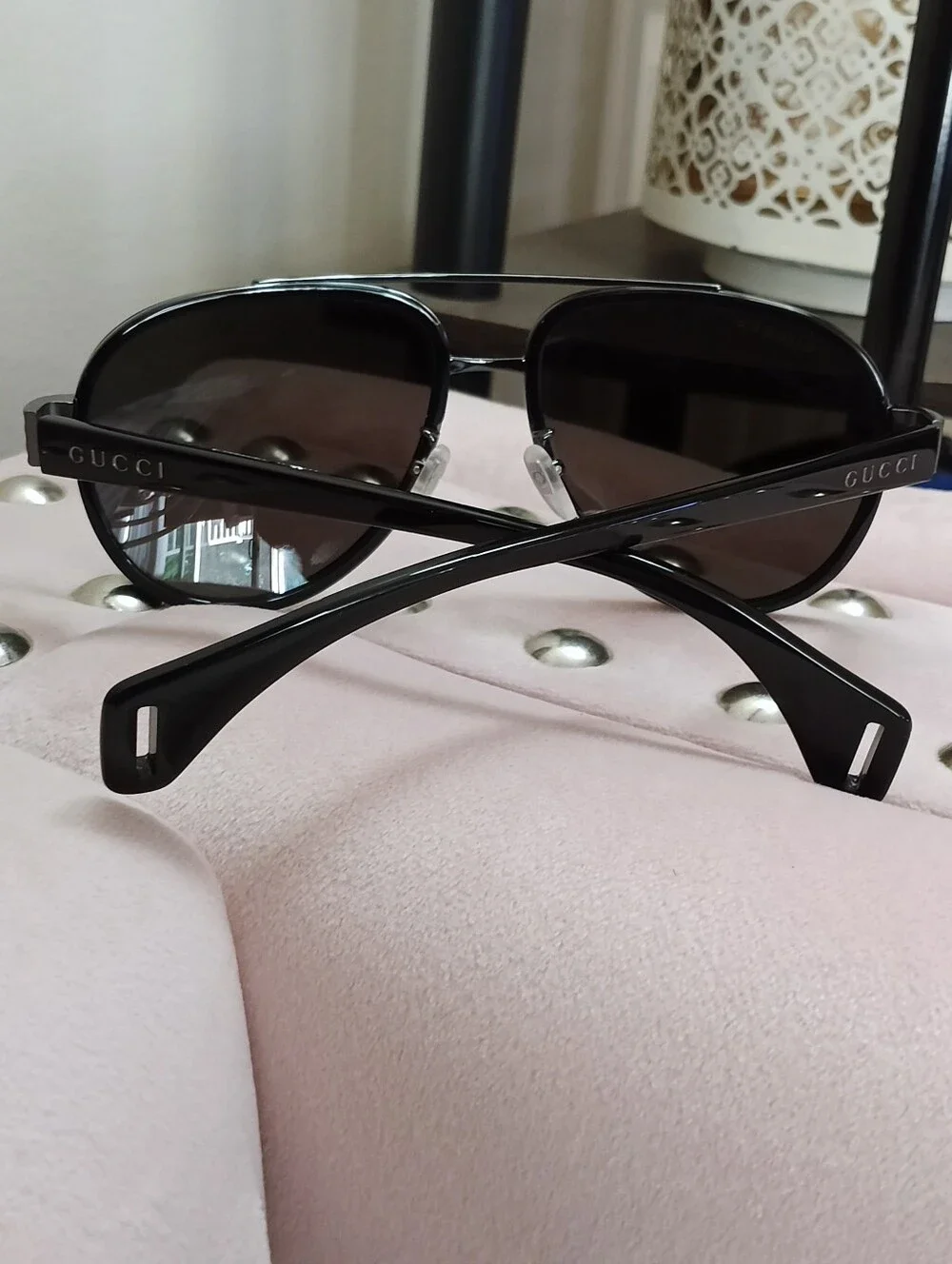 Gucci GG0447S 001 Black Aviator Sunglasses with Green and Red Temple Stripes